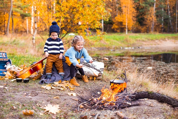 children in the autumn forest on a picnic grill sausages and play the guitar