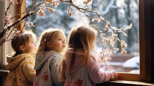 Children awaiting the appearance of the first spring buds on the trees looking out the window