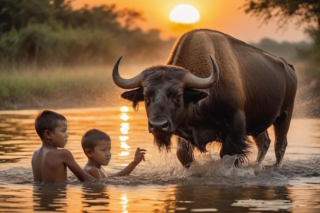 Children bathing in river