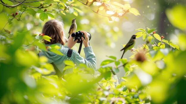 写真 幼児の鳥観察 緑豊かな森 aig41