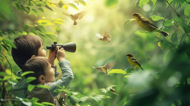 Foto bambini che osservano gli uccelli nella foresta lussureggiante aig41