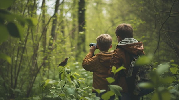 Foto bambini che osservano gli uccelli in una foresta lussureggiante