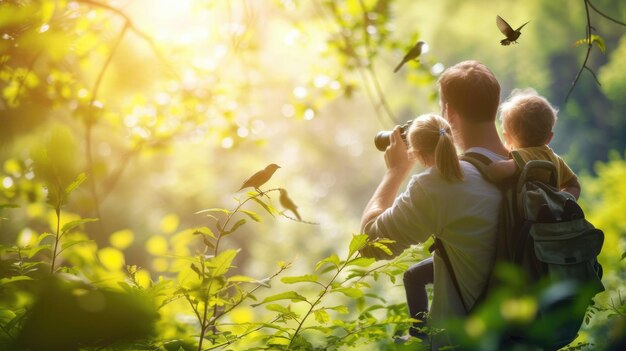 Foto bambini che osservano gli uccelli in una foresta lussureggiante