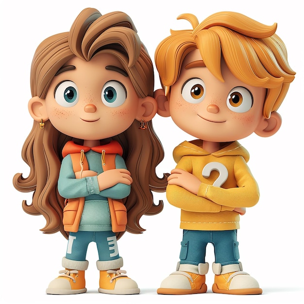 Children boy and girl cartoon 3d image with cheerful faces