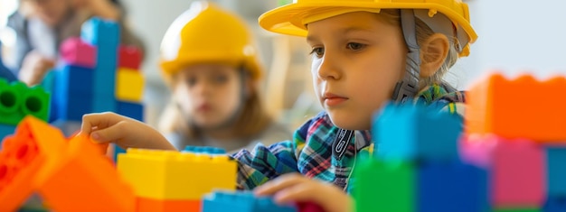 Photo children in builders helmets build a constructor