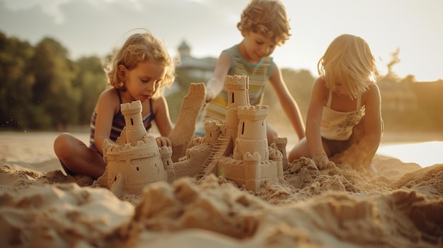 Children building an elaborate sandcastle in a sandbox their imaginations running wild with every scoop