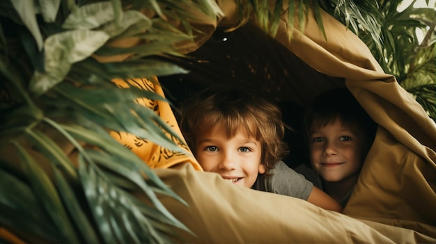 Дети строят форт из подушек и одеял их секретное укрытие в гостиной джунглей