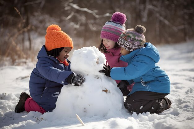 写真 冬の日に雪だるまを作る子供たち ニューラルネットワークが生成したアート