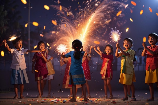 ディワリ祭の最中に爆竹を鳴らす子供たち ディワリの花火 ディワリの画像