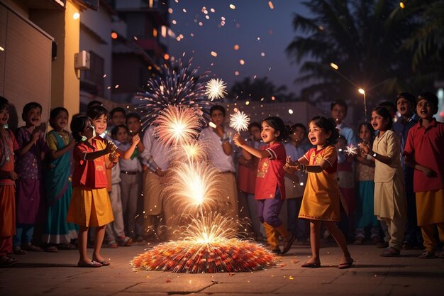 ディワリ祭の最中に爆竹を鳴らす子供たち ディワリの花火 ディワリの画像