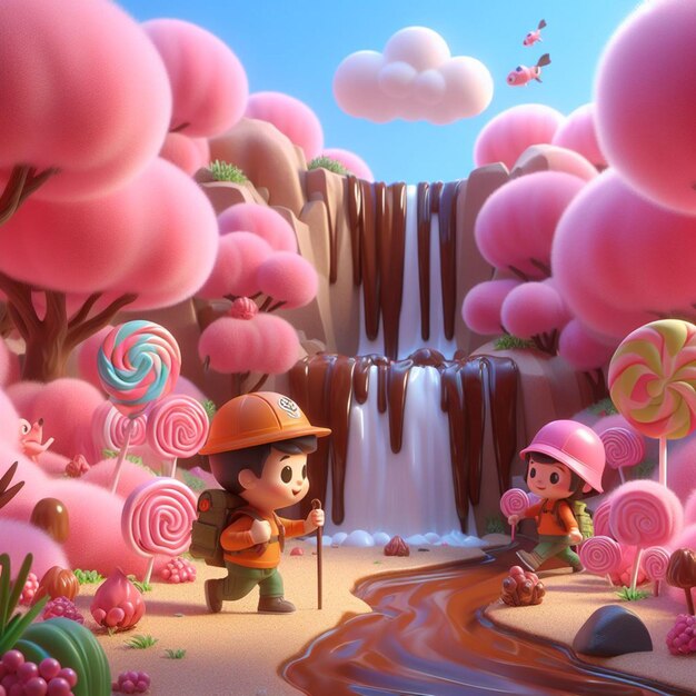 Children camping in a chocolate candy forest