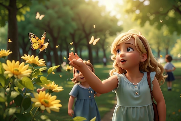 Children catching a butterfly in the park