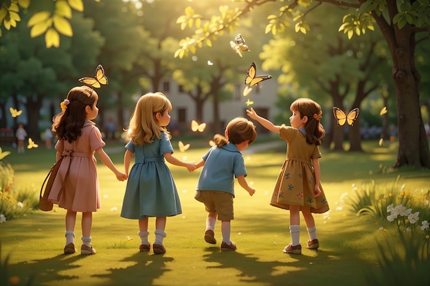 Children catching a butterfly in the park