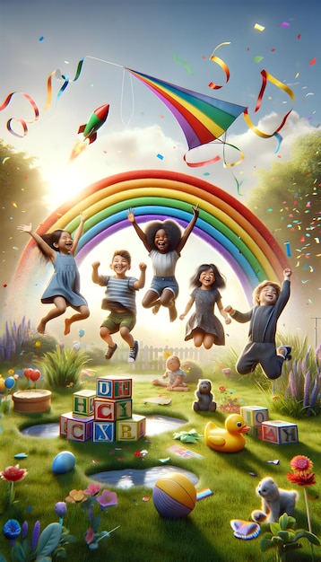 children celebrate with a jump over a rainbow confetti a rocket blocks and a rubber duckie embel