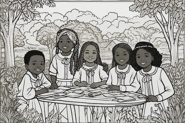 Children celebrating juneteenth coloring page