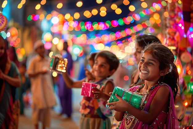 Children celebrating with lanterns during festive lights