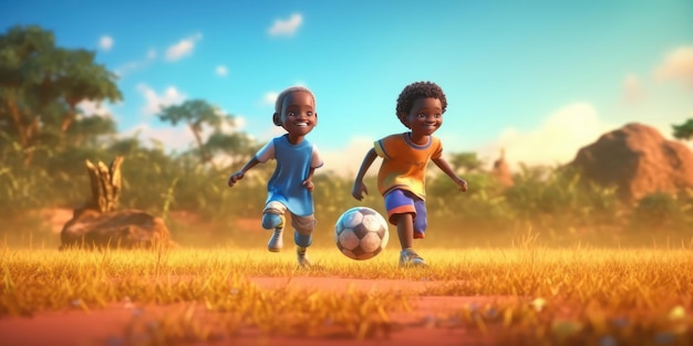 Children Character playing football in Countryside Dream of future footballer concept Generative AI