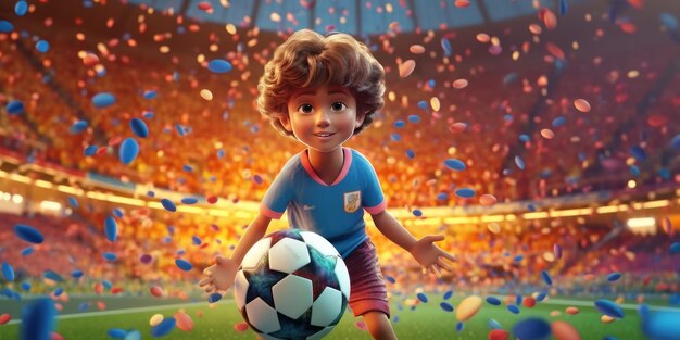 Children Character playing football in the soccer stadium Footballer dream concept Generative AI