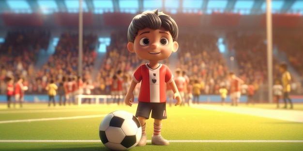 Children Character playing football in the soccer stadium Footballer dream concept Generative AI