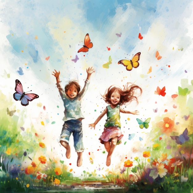 Children Chasing Colorful Butterflies in the Garden