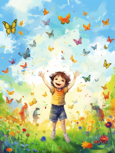 庭で色とりどりの蝶を追いかける子供たち