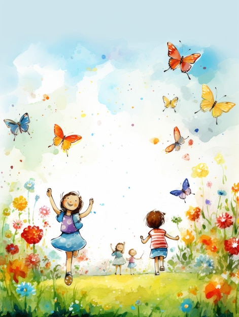 Children Chasing Colorful Butterflies in the Garden