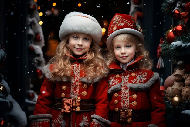 children at christmas time outside in front of christmas decoration in stores