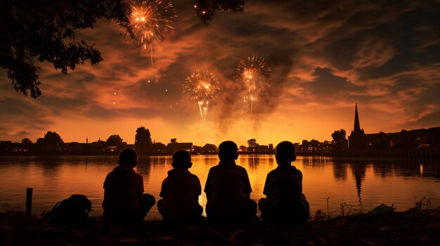 children city air fireworks in the sky new year celebration back view