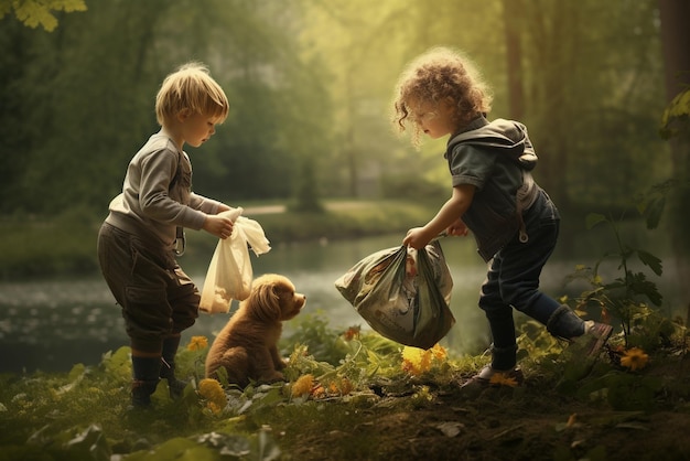 Children collect garbage in the park