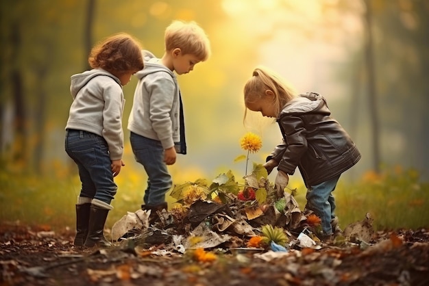 Children collect garbage in the park