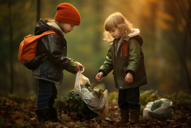 Children collect garbage in the park