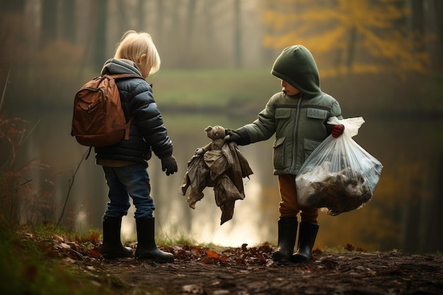 Children collect garbage in the park