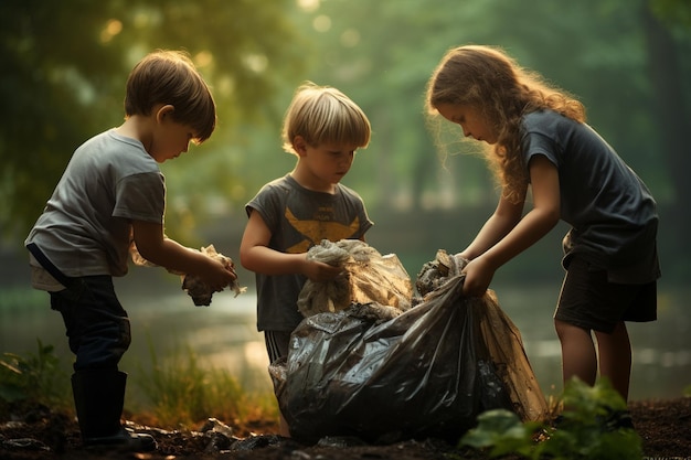 Children collect garbage in the park