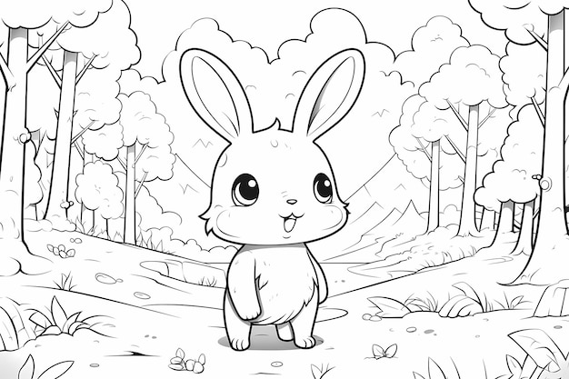 Детская книжка-раскраска волшебный лес с волшебным милым кавайным кроликом