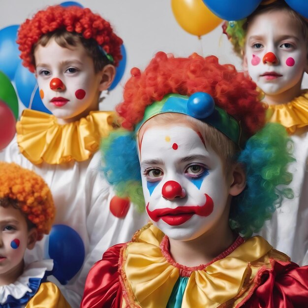 Children in colorful clown outfits isolated on a white background