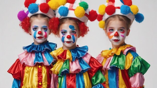 Children in colorful clown outfits isolated on a white background