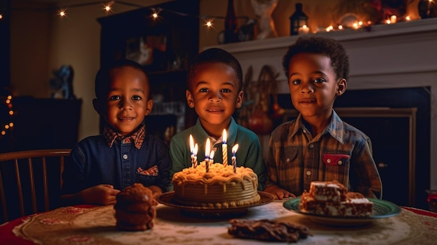 Children of colour and birthday cake Around the birthday table three lads Having fun and enjoying the candlelight The Generative AI