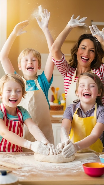 Children cooking with their mother and throwing flour