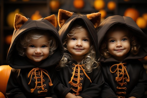Дети в костюмах празднуют Хэллоуин смешанные расы азиатские и белые дети на улице осень