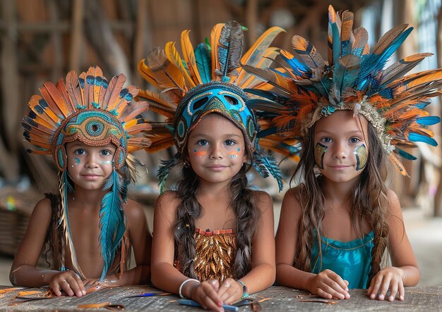 Children crafting homemade masks and headdresses