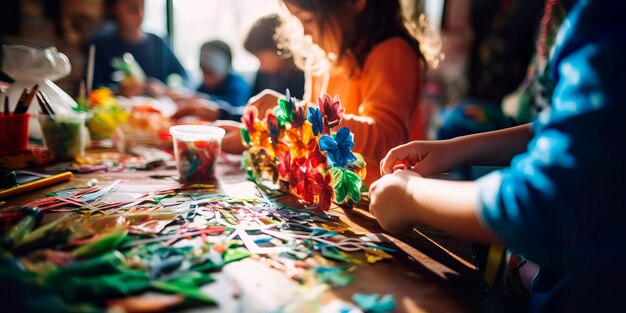 Photo children creating artwork from recycled materials to promote creativity and sustainability generative ai