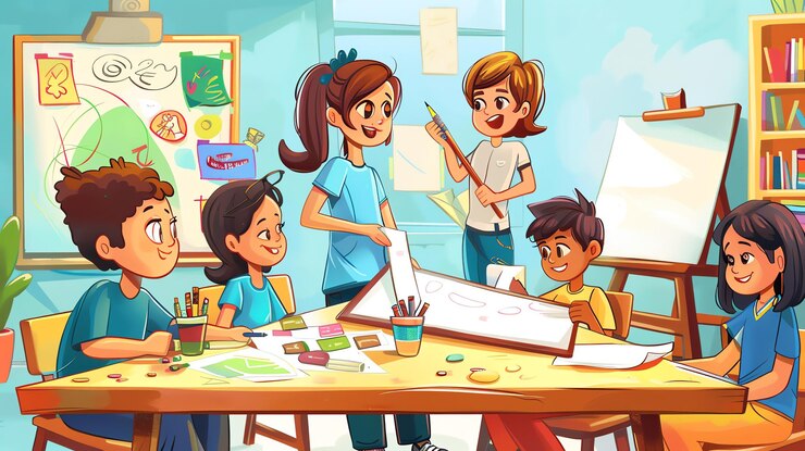 फोटो children in a creative classroom setting working together on an art project