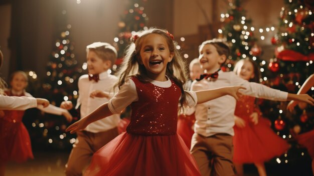 Фото Дети танцуют на рождественской вечеринке в огнях счастливое детство аниматоры на детской вечеринце ии