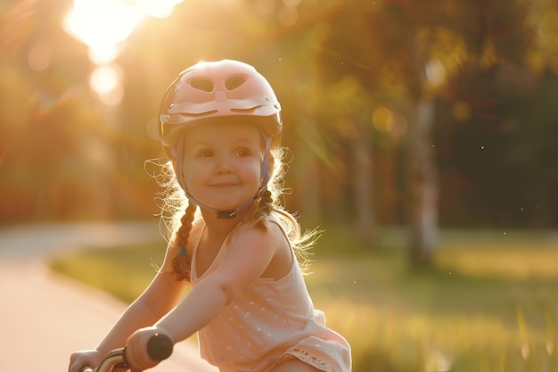 On Children Day a little girl wearing a helmet happily rides her bicycle in the park