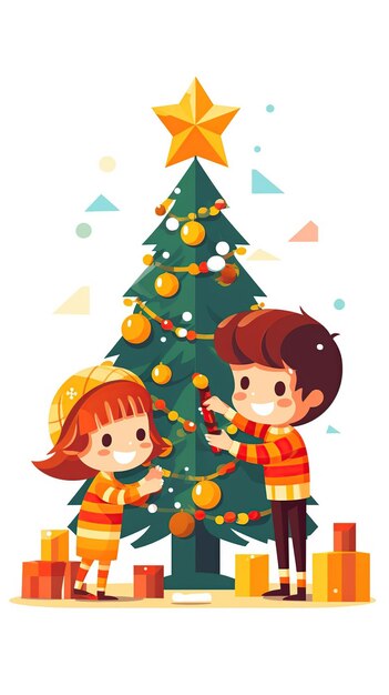 Children decorating Christmas tree flat style AI Generated