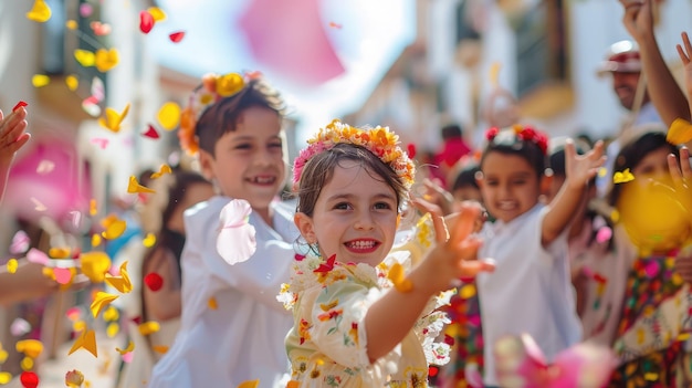 Children delightedly tossing flower petals in the air during Feria de las Flores parades