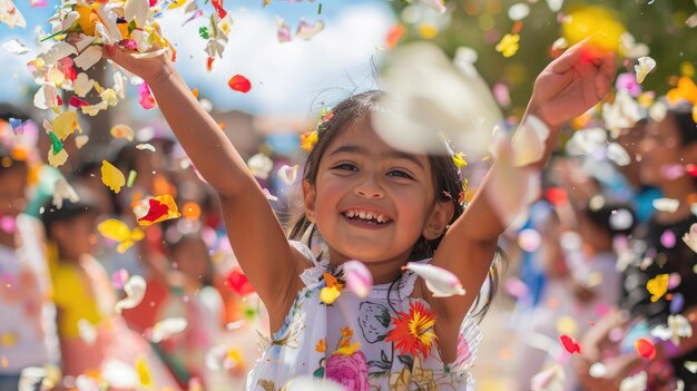 写真 フェリア・デ・ラス・フローレス (feria de las flores) のパレード中に花びらを空中に投げる子供たち