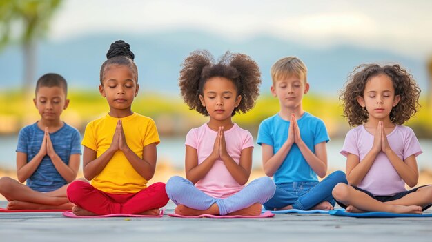 Children of different genders and nationalities practice yoga in nature International Kids Yoga Day