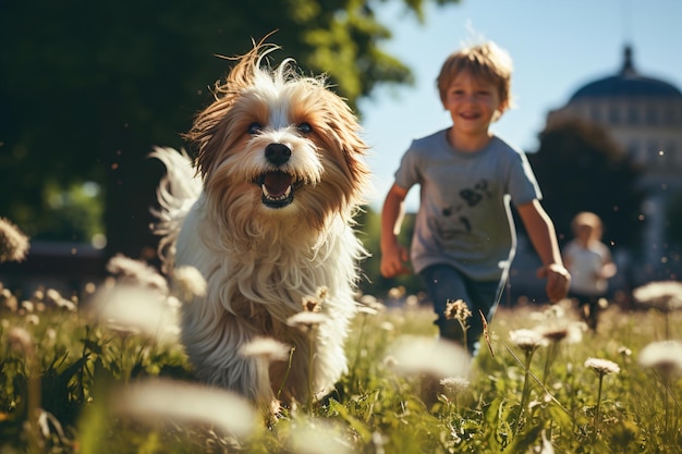 Children and a dog running through a field in a park