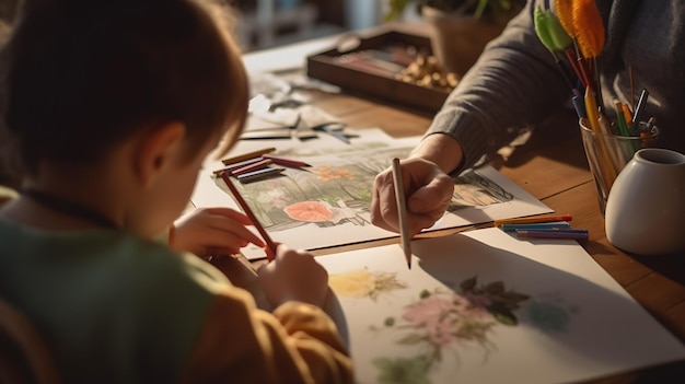 Children draw with colored pencils on paper at home